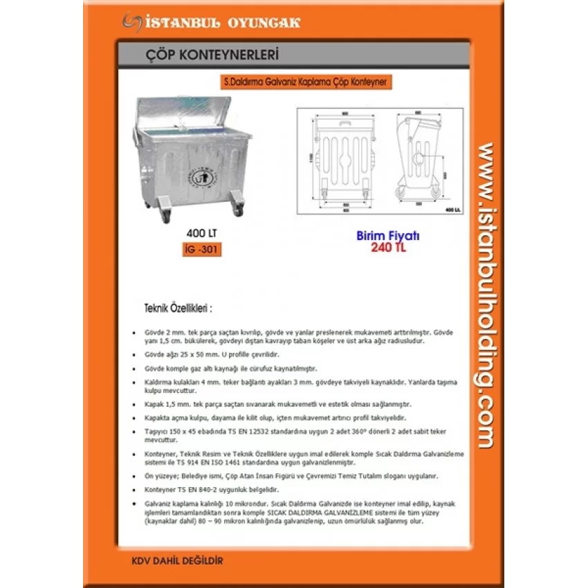 400 Lt S.Daldırma Galvaniz Çöp Konteyneri