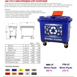 660-770 Lt Geri Dönüşüm Çöp Konteyneri 660-770 Lt Geri Dönüşüm Çöp Konteyneri